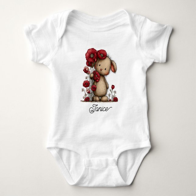 Body Para Bebê Papoulas Vermelhas Fofas com Urso (Frente)