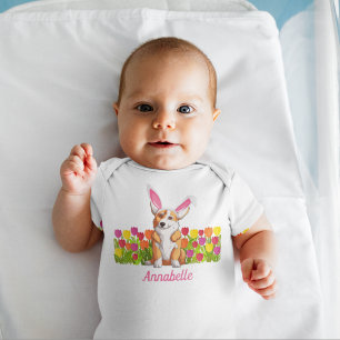 Body Para Bebê Páscoa Corgi Bunny Ears Flores Fólias Fólias Fólia