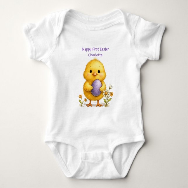 Body Para Bebê Páscoa do Bebê: Frango Fofo com Ovo Roxo (Frente)