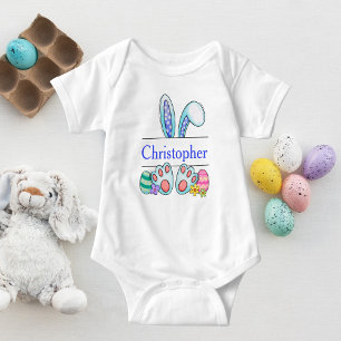 Body Para Bebê Páscoa do Monograma Blue Easter Bunny Baby Boy