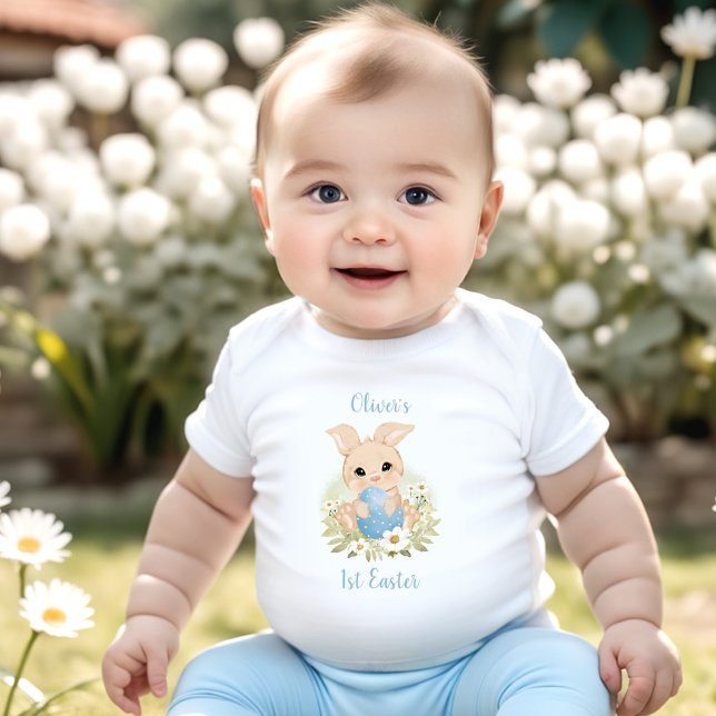 Body Para Bebê Páscoa Personalizada Infantil Coelhinho de Ovo Azu (First Easter Personalized Baby Boy Bunny Egg Blue Baby Bodysuit)