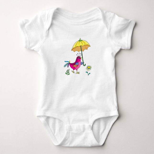 Body Para Bebê passaro vermelho engraçado com um guarda-chuva ama (Frente)