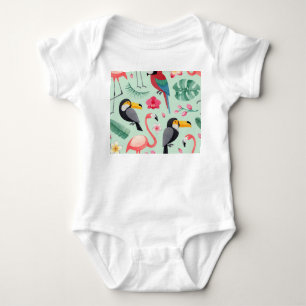 Body Para Bebê Pássaros tropicais, flores, padrão de aquarela.