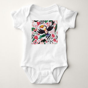 Body Para Bebê Pássaros tropicais, padrão de rabiscos florais.