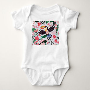 Body Para Bebê Pássaros tropicais, padrão de rabiscos florais.