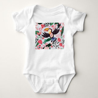 Body Para Bebê Pássaros tropicais, padrão de rabiscos florais.