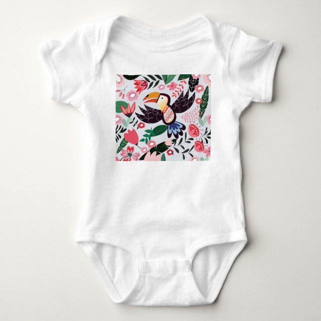 Body Para Bebê Pássaros tropicais, padrão de rabiscos florais. (Frente)