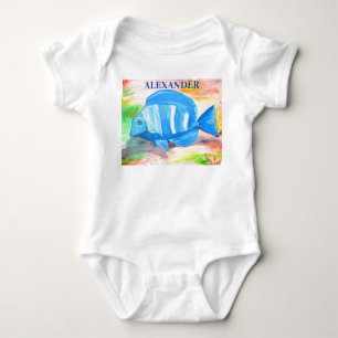 Body Para Bebê Peixes azuis tropicais Aquarela Oceano oceânico