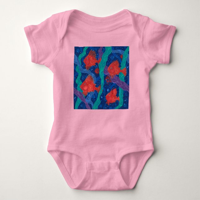 Body Para Bebê Peixes Vermelhos, Animais do Oceano Oceano Marinho (Frente)