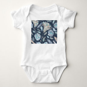 Body Para Bebê Penas Chic Boho Flores: Azul Escuro-Aquarela P