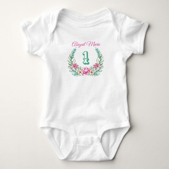 Body Para Bebê Pêonias Cor-De-Rosa, Personalizadas Com Idade (Frente)