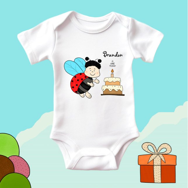 Body Para Bebê Pequeno menino joaninha com bolo (Criador carregado)