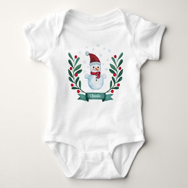 Body Para Bebê Personalizado de Neve de Aquarela de Natal (Frente)