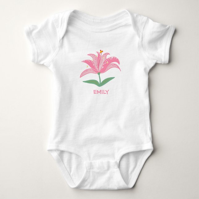 Body Para Bebê Personalized name pink lily flower baby bodysuit (Frente)