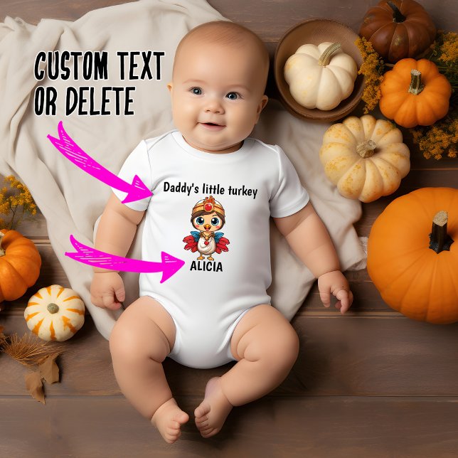 Body Para Bebê 🦃 peru pequeno com qualquer nome (Adorable little turkey  in chibi style baby bodysuit,  customizable text)