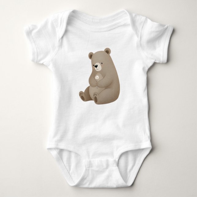 Body Para Bebê Petit Ours Brun Tenant une Fleur Blanche (Frente)