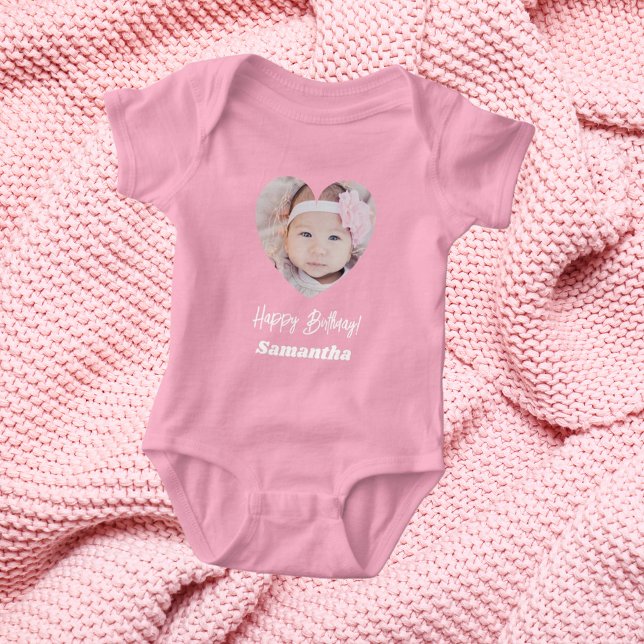 Body Para Bebê Photo heart name birthday girl pink (Criador carregado)