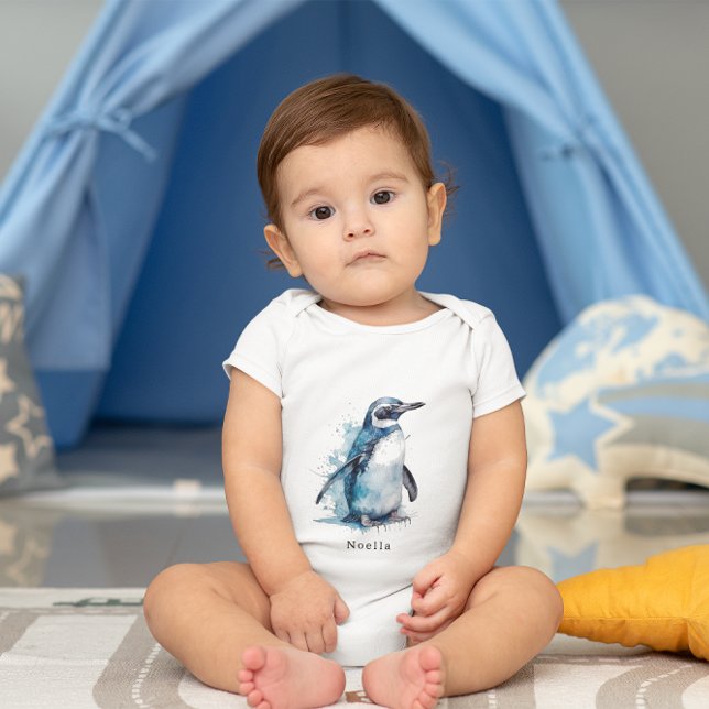 Body Para Bebê Pinguim Aquarela Ártico Azure, personalizado (Criador carregado)