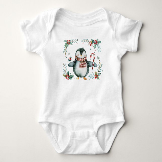 Body Para Bebê Pinguim Aquarela com Roupa de Festa de Candy Cane (Frente)