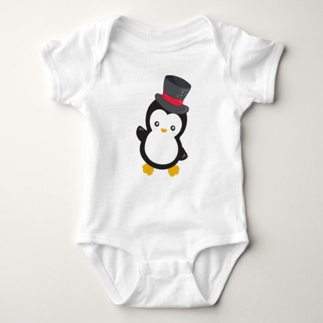 Body Para Bebê Pinguim Bonito, Pinguim Pequeno, Chapéu Superior (Frente)