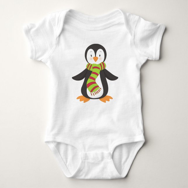 Body Para Bebê Pinguim Bonito, Pinguim Pequeno, Pinguim Com Scarf (Frente)