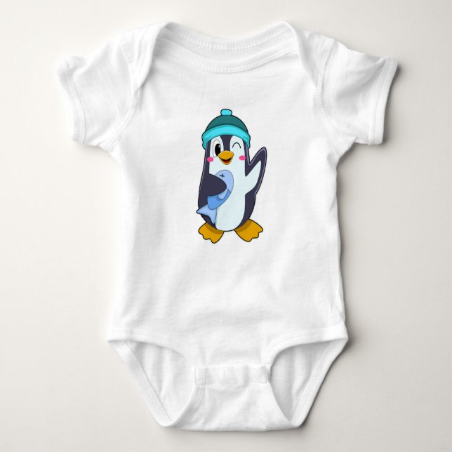 Body Para Bebê Pinguim com Peixe e Chapéu (Frente)