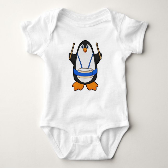 Body Para Bebê Pinguim como músico com tambor (Frente)