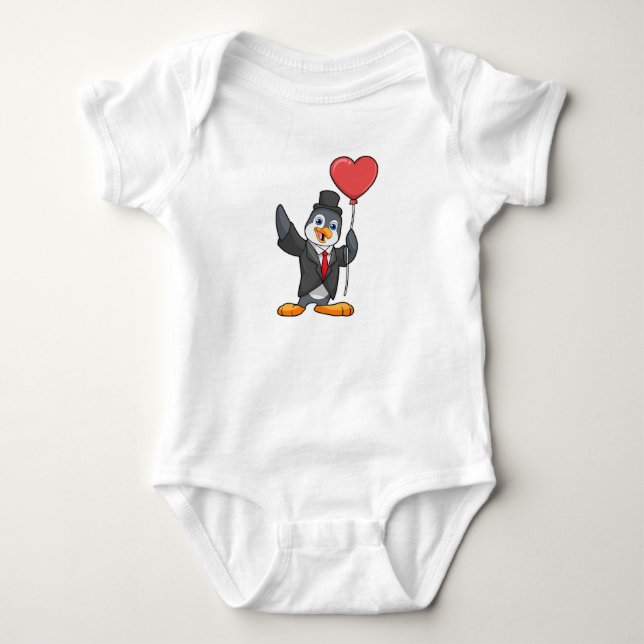 Body Para Bebê Pinguim como Noivo com Balão de Coração (Frente)