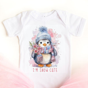 Body Para Bebê Pinguim de Aquarela Fofa com Flores Rosa