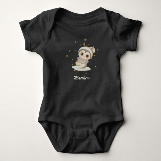 Body Para Bebê Pinguim De Inverno Com Estrelas E Nome Bebês (Frente)