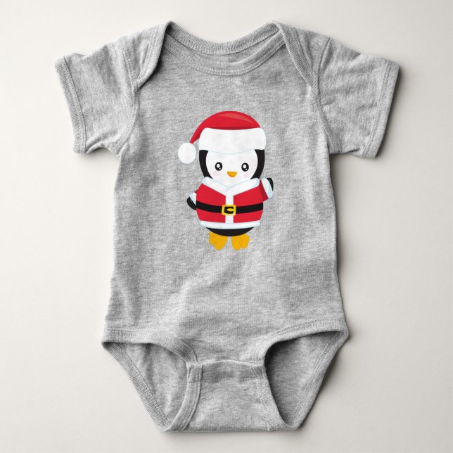 Body Para Bebê Pinguim de Natal, Pinguim com Chapéu de Santa, Cin (Frente)