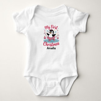 Body Para Bebê Pinguim de Patinação com Nome Personalizado Primei