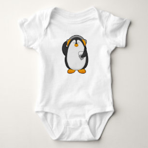 Body Para Bebê Pinguim e telefone celular com fone de ouvido