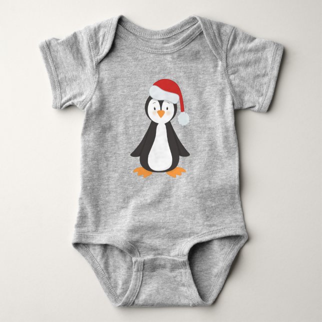 Body Para Bebê Pinguim Natal, Pinguim Bebê, Chapéu Santa (Frente)