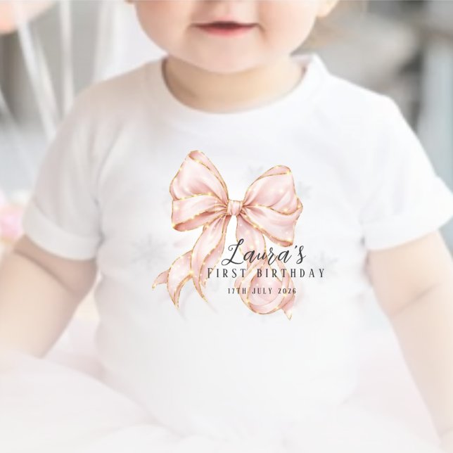 Body Para Bebê Pink Bow Girl First Birthday Party  (Criador carregado)