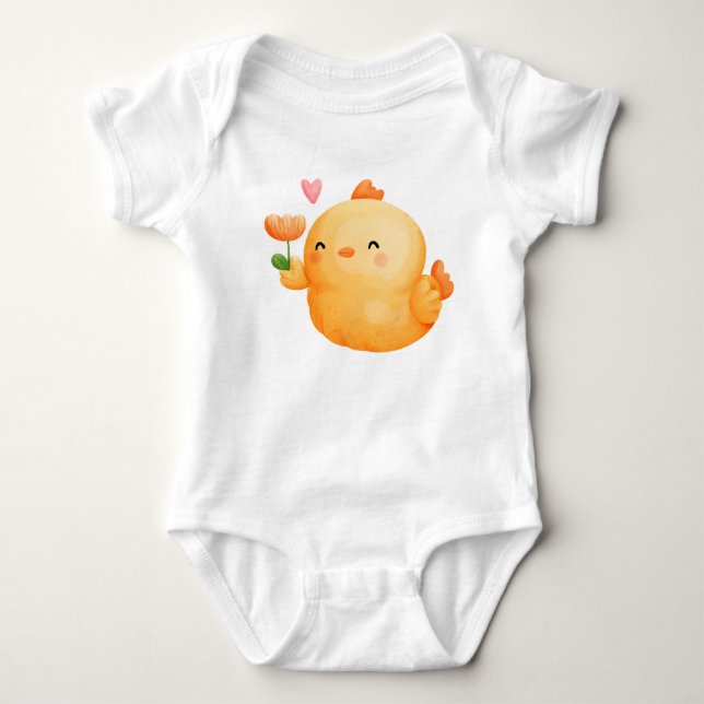 BODY PARA BEBÊ PINTINHO DE PÁSCOA DE LARANJA CUTA COM FLORES DE T (Frente)