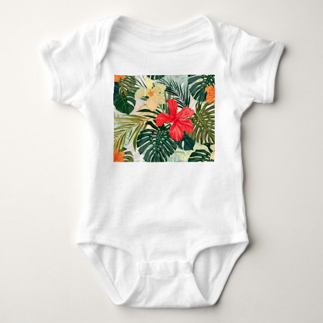 Body Para Bebê Plantas tropicais havaianas, flores coloridas. (Frente)
