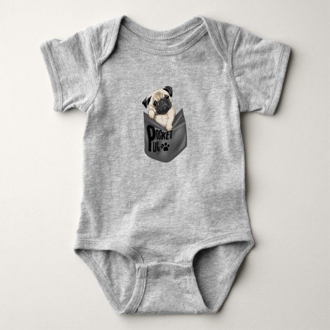Body Para Bebê Pocket Pug Cinza Bebê Bebê Bodô (Frente)