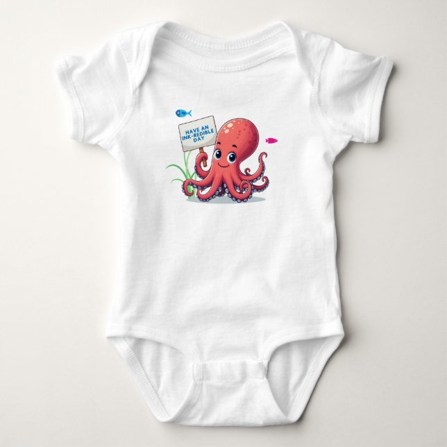 Body Para Bebê Polvo de desenho animado com peixe (Frente)