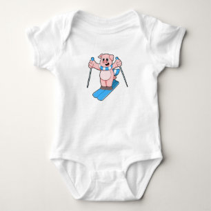 Body Para Bebê Porco como esquiador com esqui e esqui