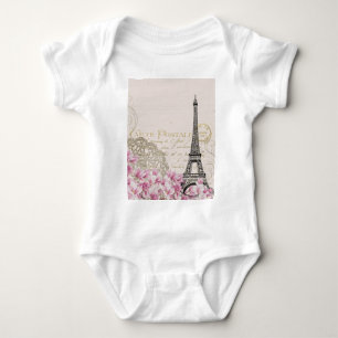 Body Para Bebê Praça da Torre de Paris Eifel, Arte Rosa Vintage