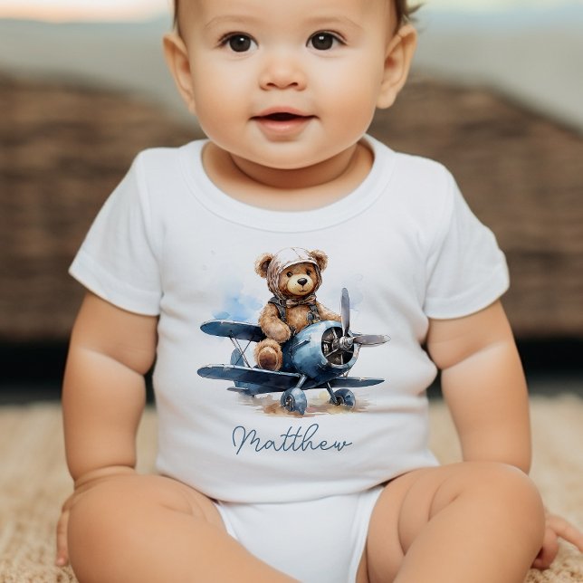 Body Para Bebê Presente de Chá de Bebê Aquarela Avião do Ursinho  (Criador carregado)