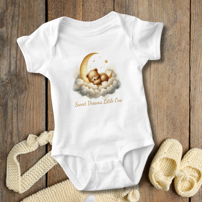 Body Para Bebê Presente do Chá de Bebê Urso Bebê Dormindo na Nuve (Sleeping Baby Bear on Cloud and Crescent moon. Gold White. Baby Shower Gift, Gift for new baby)