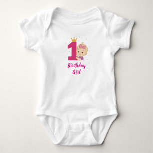 Body Para Bebê Primeira Garota de Aniversário com Coroa e Rosa Nú