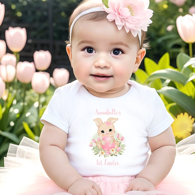 Body Para Bebê Primeira Páscoa, Nome Personalizado Rapariga, Coel (First Easter Personalized Name Girl Pink Bunny Egg Baby Bodysuit)