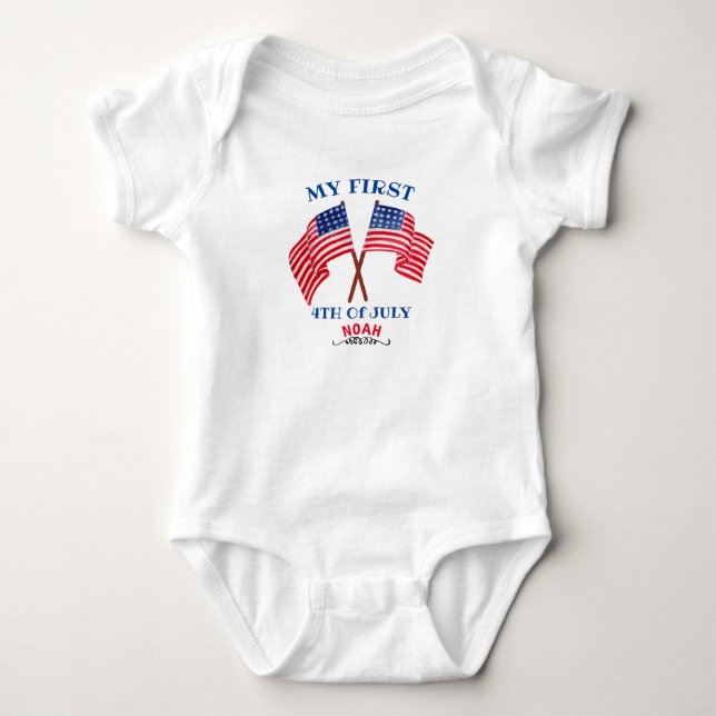 Body Para Bebê Primeiro 4 de julho 4° Toddler Patriotic USA Flag  (Frente)