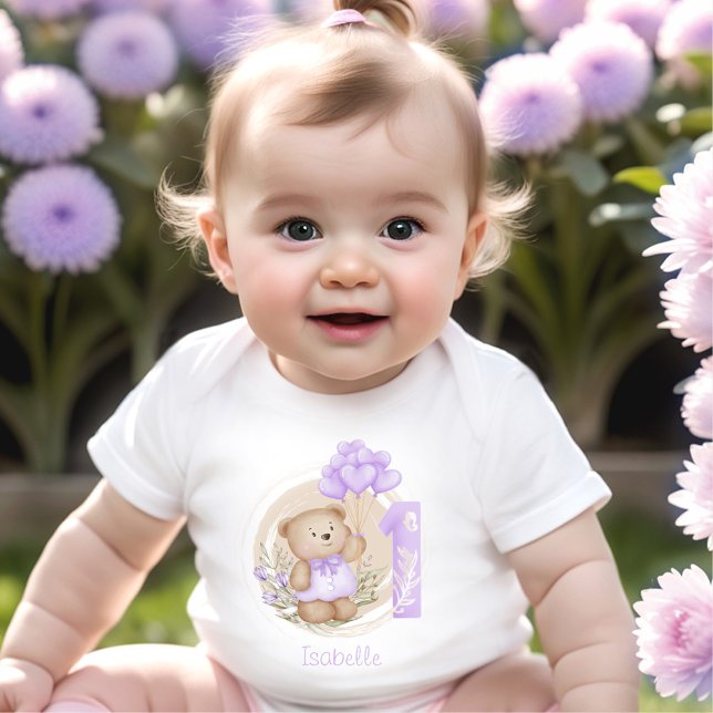 Body Para Bebê Primeiro Aniversário Balões Roxos De Urso Púrpura (1st Birthday Cute Purple Teddy Bear bodysuit)