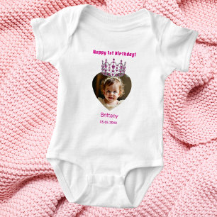 Body Para Bebê primeiro aniversario com foto com idade rosa tiara