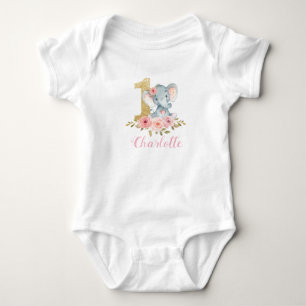 Body Para Bebê Primeiro aniversario de Elefante Bebê Cento Floral