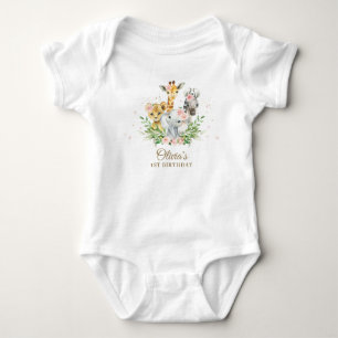 Body Para Bebê Primeiro aniversario de Garota Floral Rosa Selva